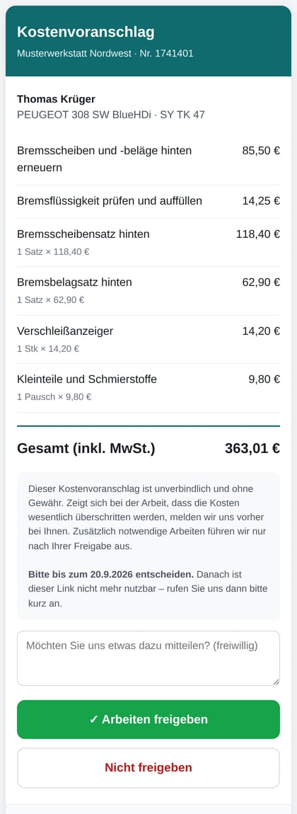 Freigabeseite auf dem Handy des Kunden mit Positionen, Gesamtsumme und zwei Schaltflächen